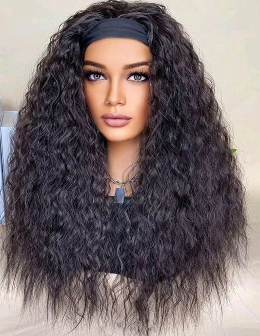 Headband Wig(Human Blend) 20 inch Dark Brown Heat resistant + FREE Hair Wax Stick Set