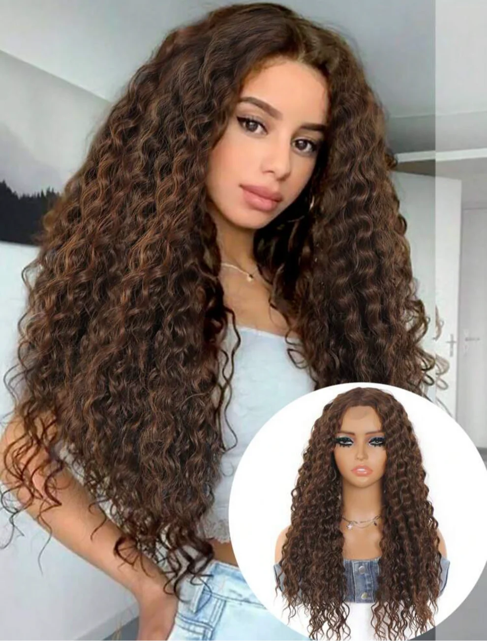 Kinky Curly Heat resistant Synthetic Lace Front Wig 22 inch Brown