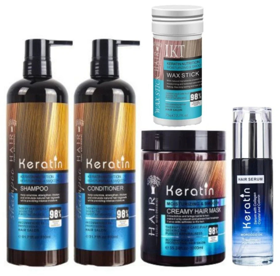 Keratin Hair Deep Treatment Kit- Shampoo, Conditioner, Mask, Serum & Wax